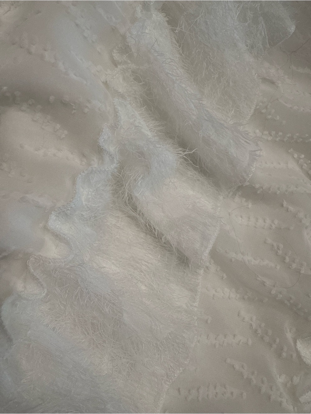 White Tiered Ruffle Maxi Dress Feather Trim Smocked Boho Cottagecore Large NWOT - Picture 4 of 4